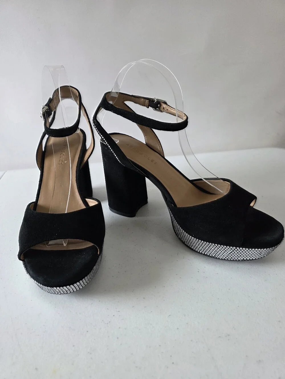 Rhinestone Platform Black Suede Shoes Size 8.5 Block Heel Ankle Strap Pumps Glam